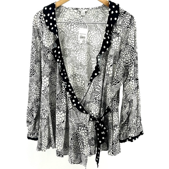 Cato Tops - Cato Womens XL Black White Floral Polka Dot Ruffle Wrap Cardigan Top New w/Tags